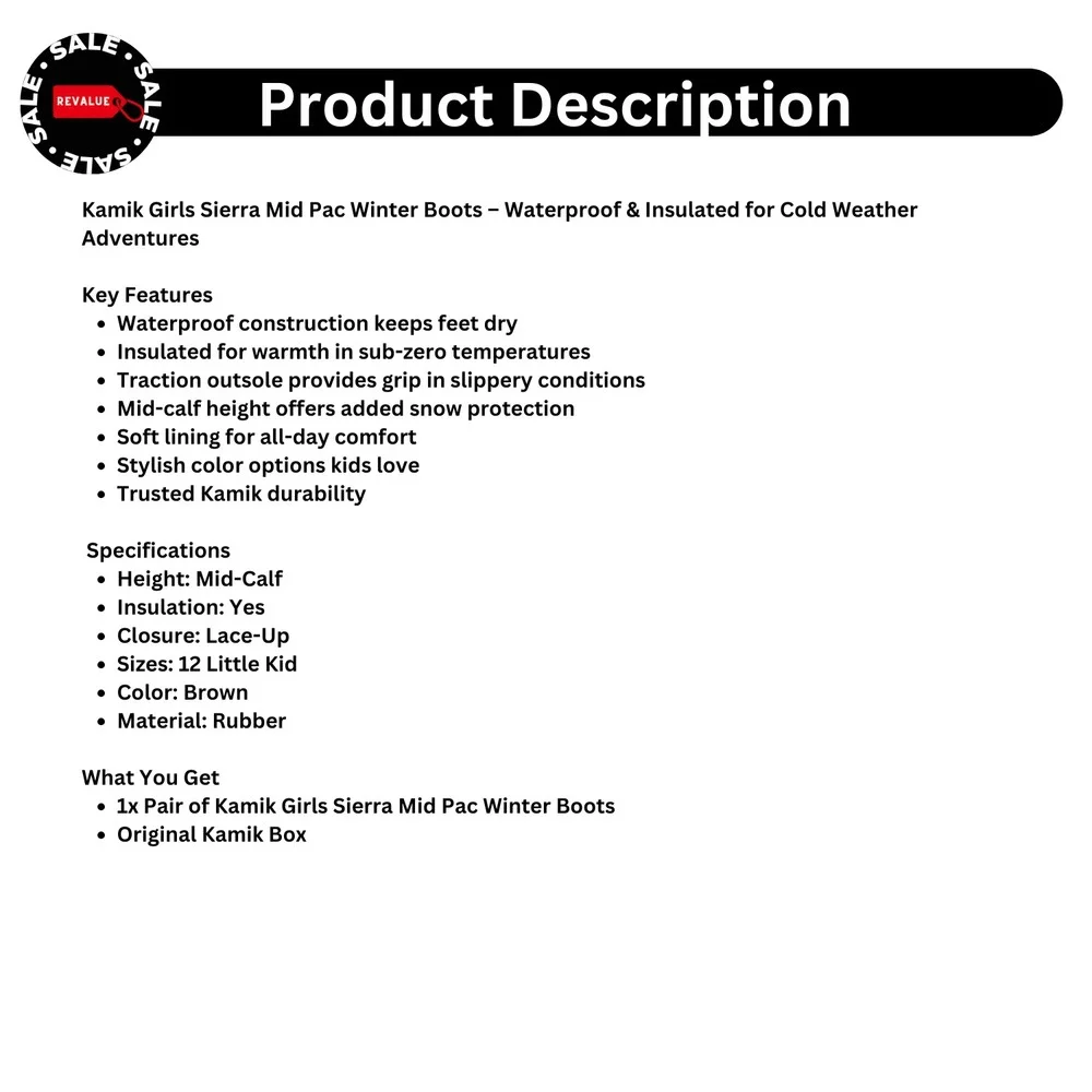 Kamik Sierra Mid Pac Winter Boots for Girls – Waterproof,‎ Insulated Snow Boot